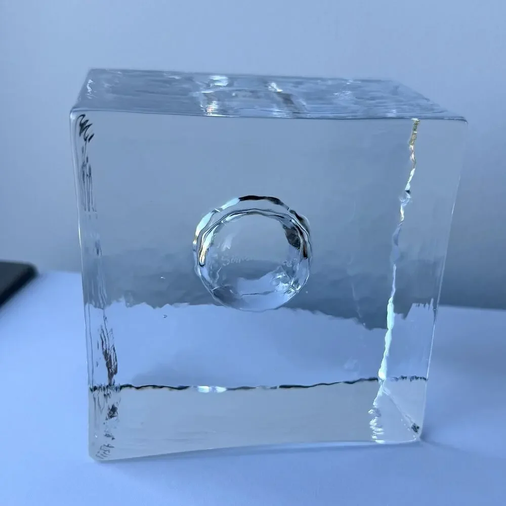 Simon Pearce Glass Woodbury Square Ice Cube Candlestick Holder 3 3/4” Textured